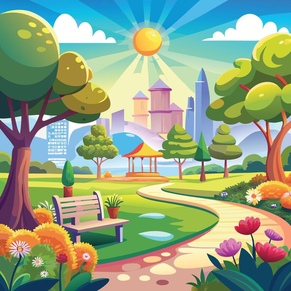 cartoon illustration of a park with trees, flowers and a bench vector