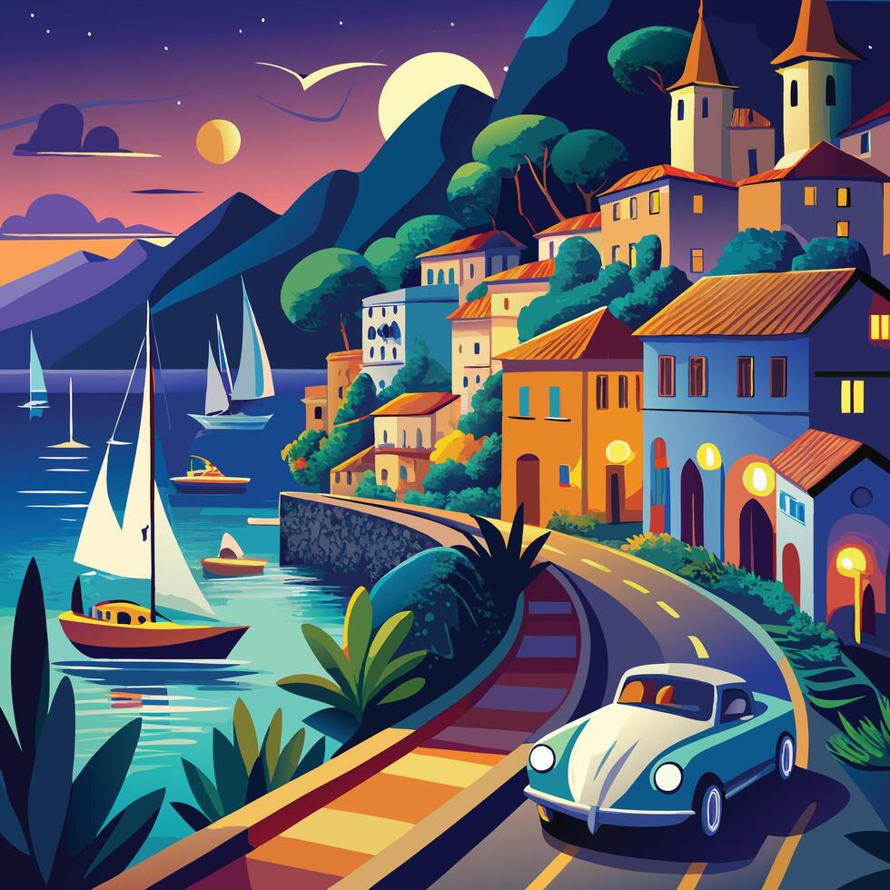 a painting of a car driving down a road near a lake vector