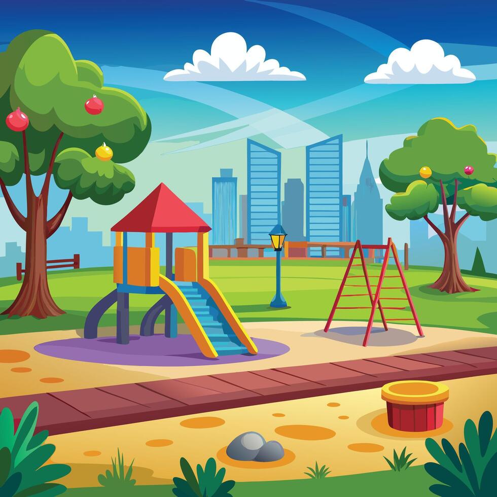 a cartoon illustration of a playground with a swing set and other toys vector
