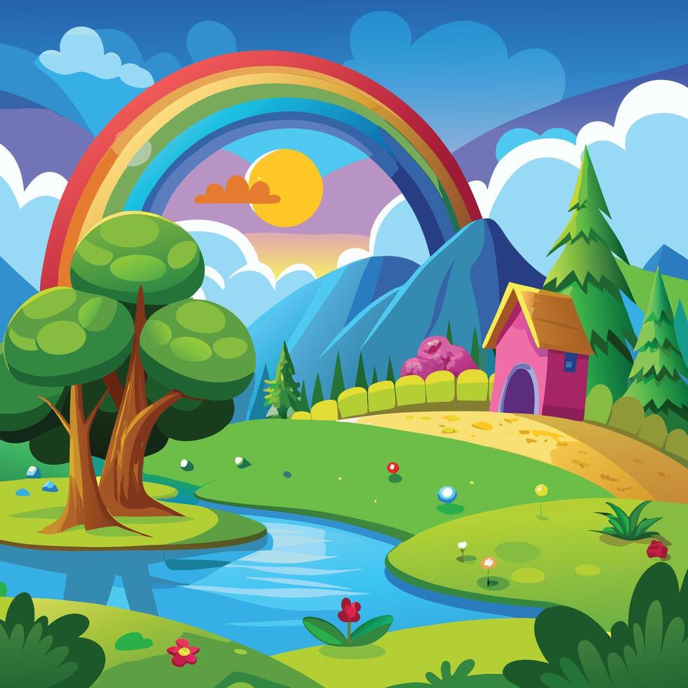cartoon landscape with a rainbow and trees vector
