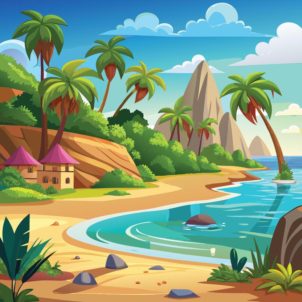 tropical beach with palm trees and rocks vector