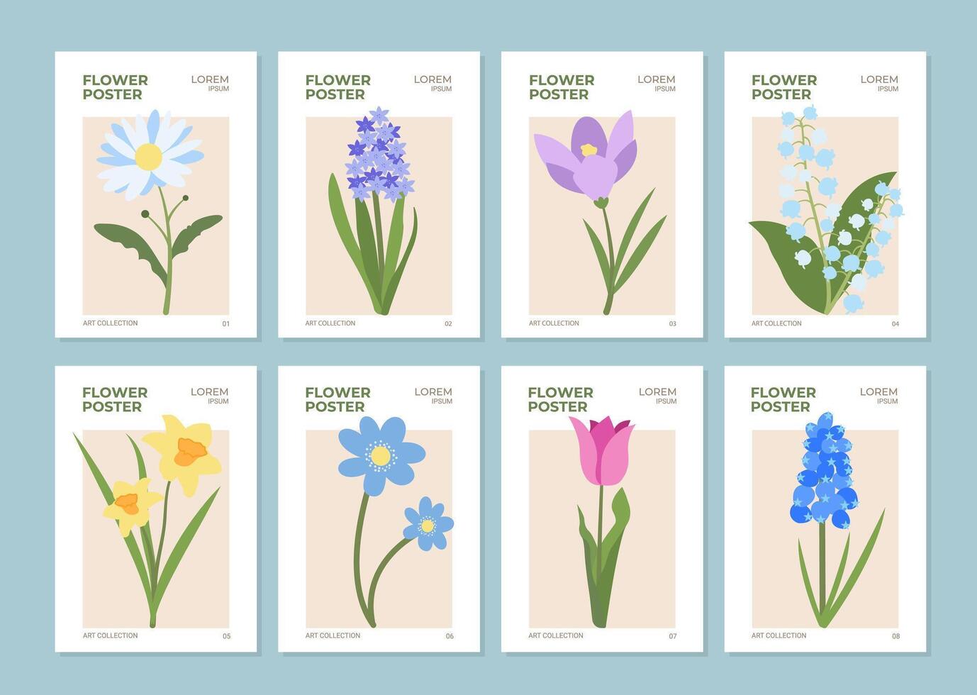 Set of Flat Flowers Banner in Modern Retro Style. Naive Spring and Summer Floral Card Design. Trendy Botanical Wall Art with Floral Design. Modern Naive, Groovy, Funky Interior Template, Painting vector
