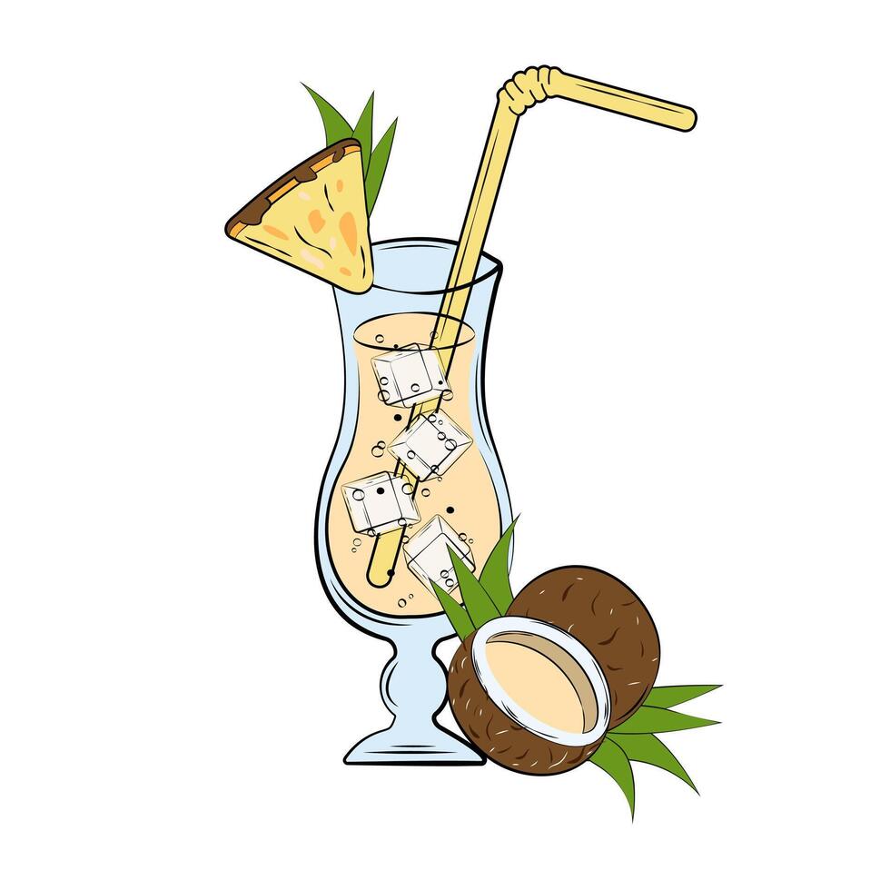 Pina colada alcohol cocktail hand drawn illustration. Cold drink with pineapple slice coconut ice cubes glass. Design for bar menu poster festival restaurant banner invitation vector