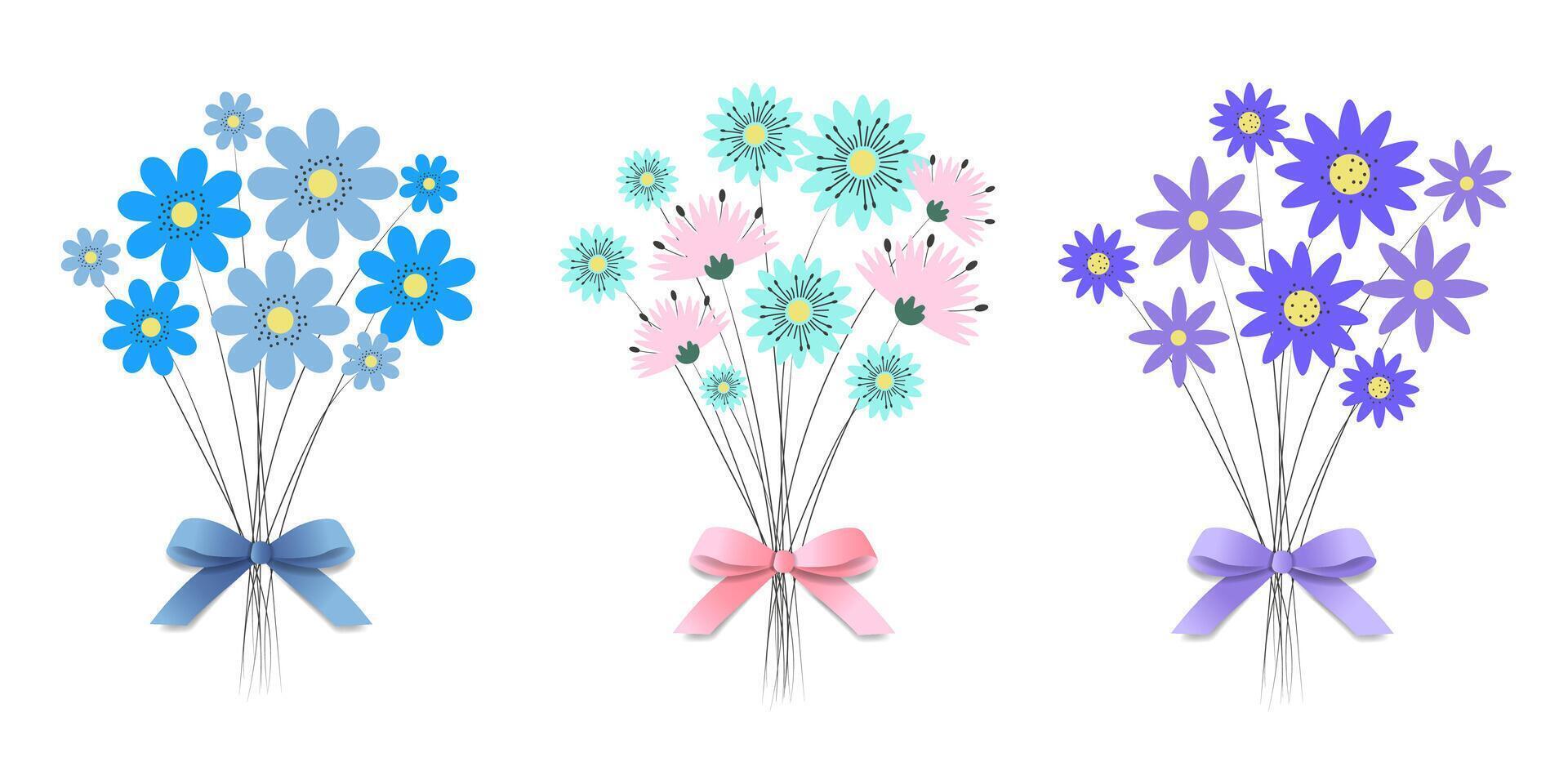 Set of Bouquets with Multicolored Abstract Flowers and 3d Bow. Flat Floral Bouquet Design for Cards, Posters, Banners, Invitations, Advertisements, Print. Illustration in Modern, Trendy Style. vector