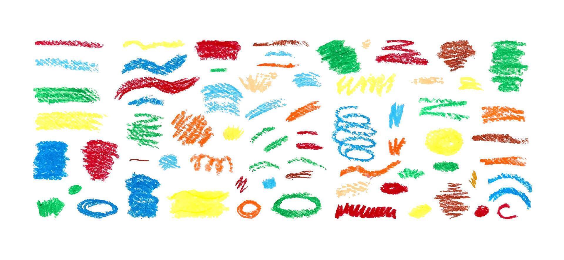 Set Crayon Grunge Doodle stroke on white background. Drawn Scribble Texture Brush. Illustration of abstract strokes with collared chalk for banner, web, digital poster back to school. vector