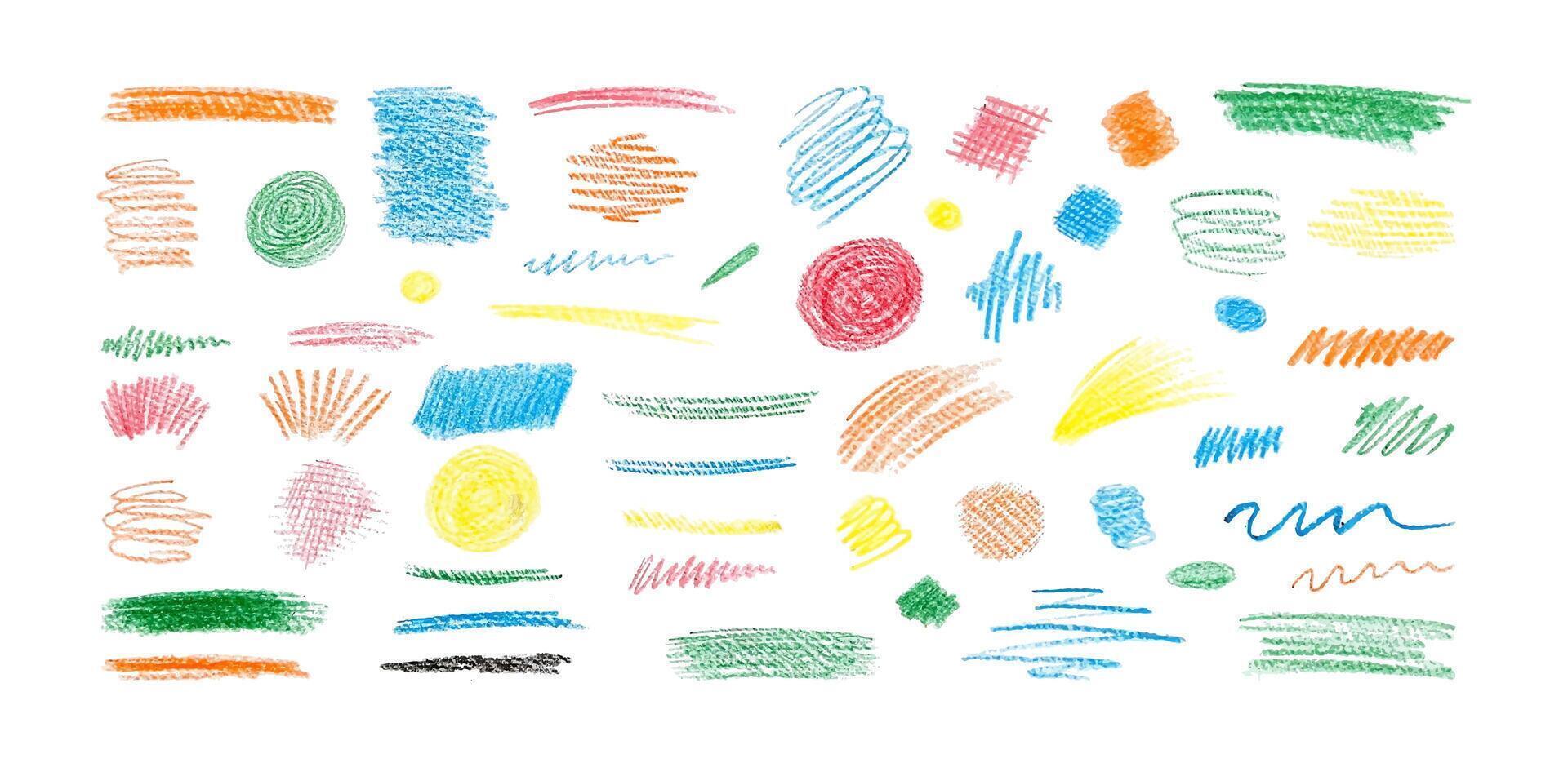 Collection colorful charcoal brush strokes, wavy lines shapes.Hand drawn abstract shapes lines drawn with pencil bright colored charcoal.Circles, scribbles and strokes. vector