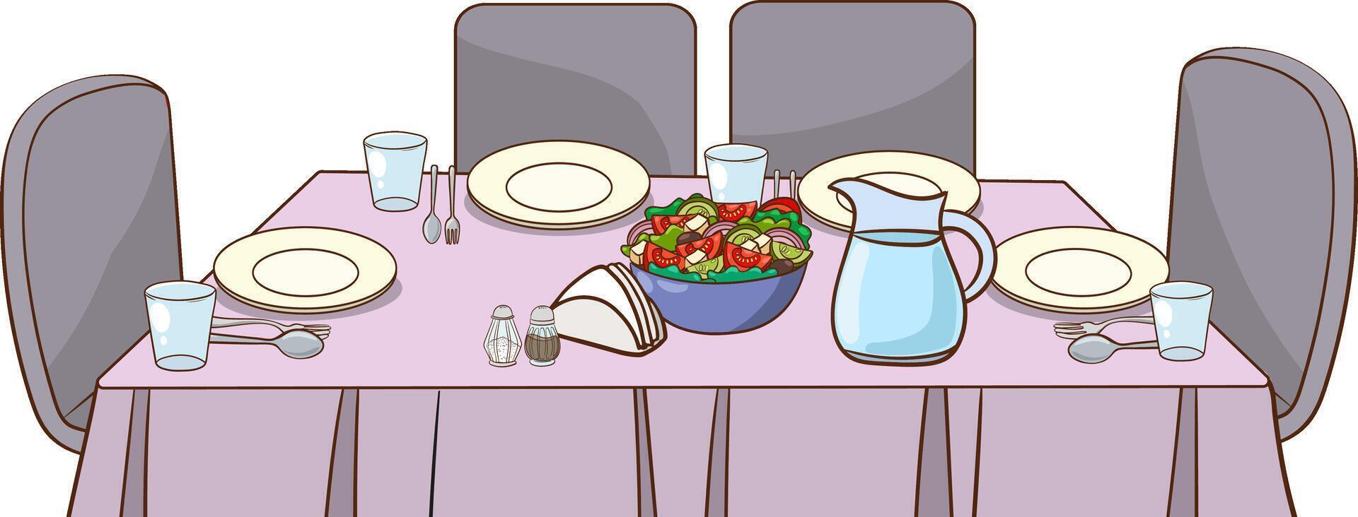 dinner table setting illustration. Home dining room flat scene on cartoon background. Family feast. vector