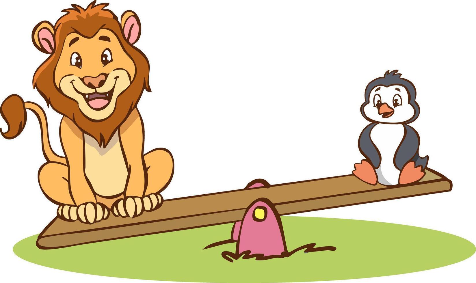 lion and penguin on seesaw. drawing for heavy and light concept vector