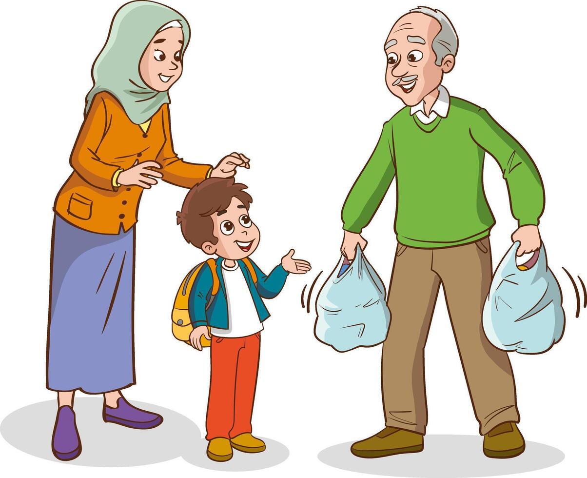 little cute kid wants to help his grandfather carry the grocery bag vector
