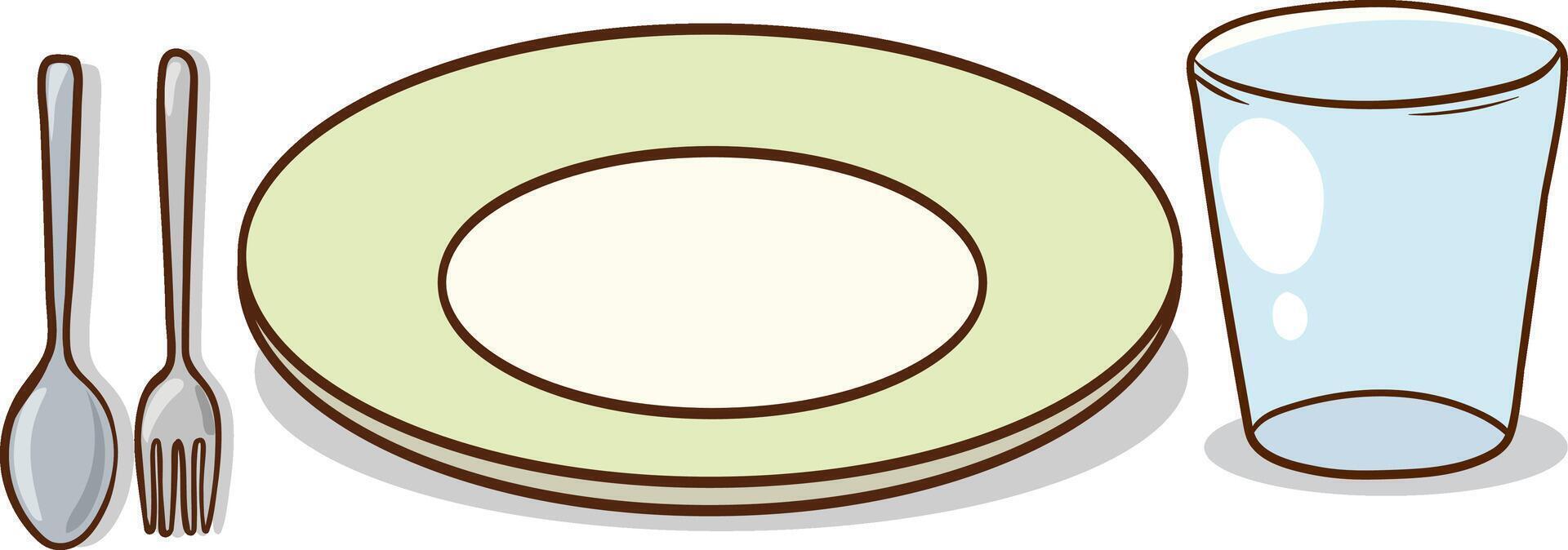 Empty plate, bowl, cup and spoon fork in cartoon ceramic style on white background illustration. vector