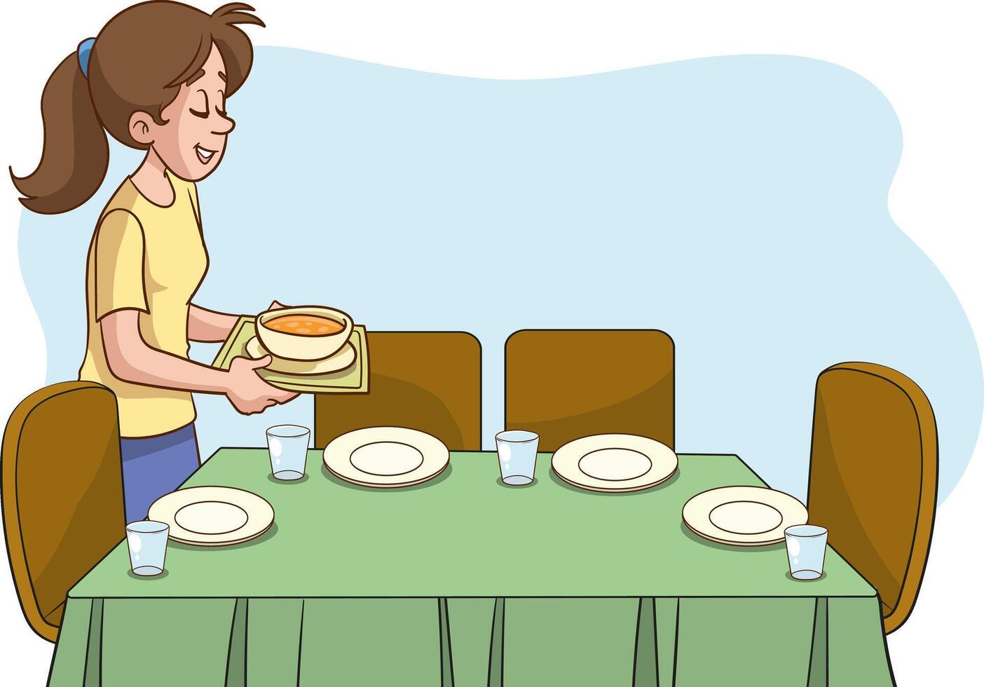 Illustration of Mother Preparing Dinner Table in the Kitchen at Home vector