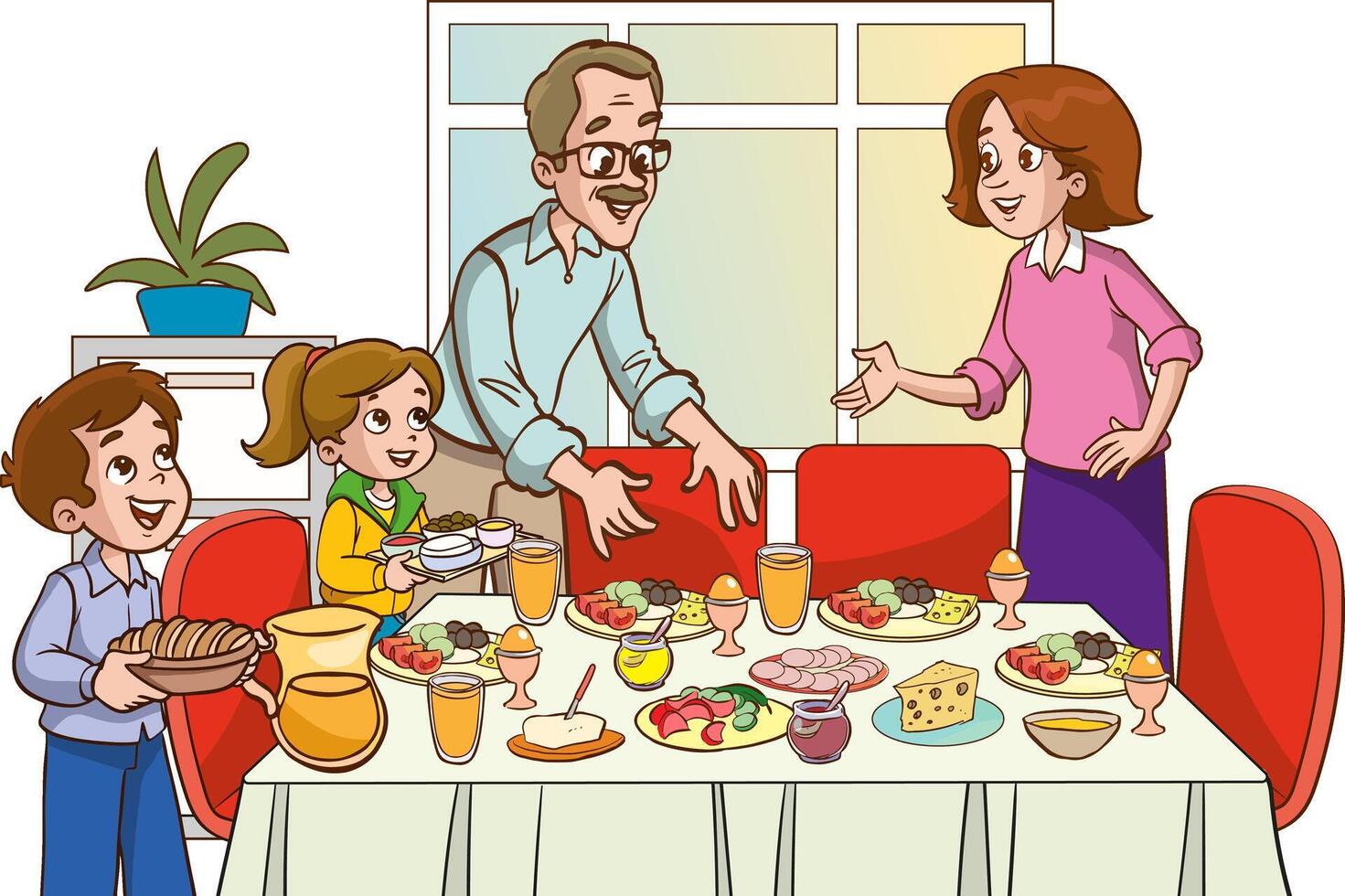 family is preparing breakfast in the kitchen.Mother, Father and children are preparing breakfast table together. The whole family, all members are together in the kitchen at home. illustration. vector