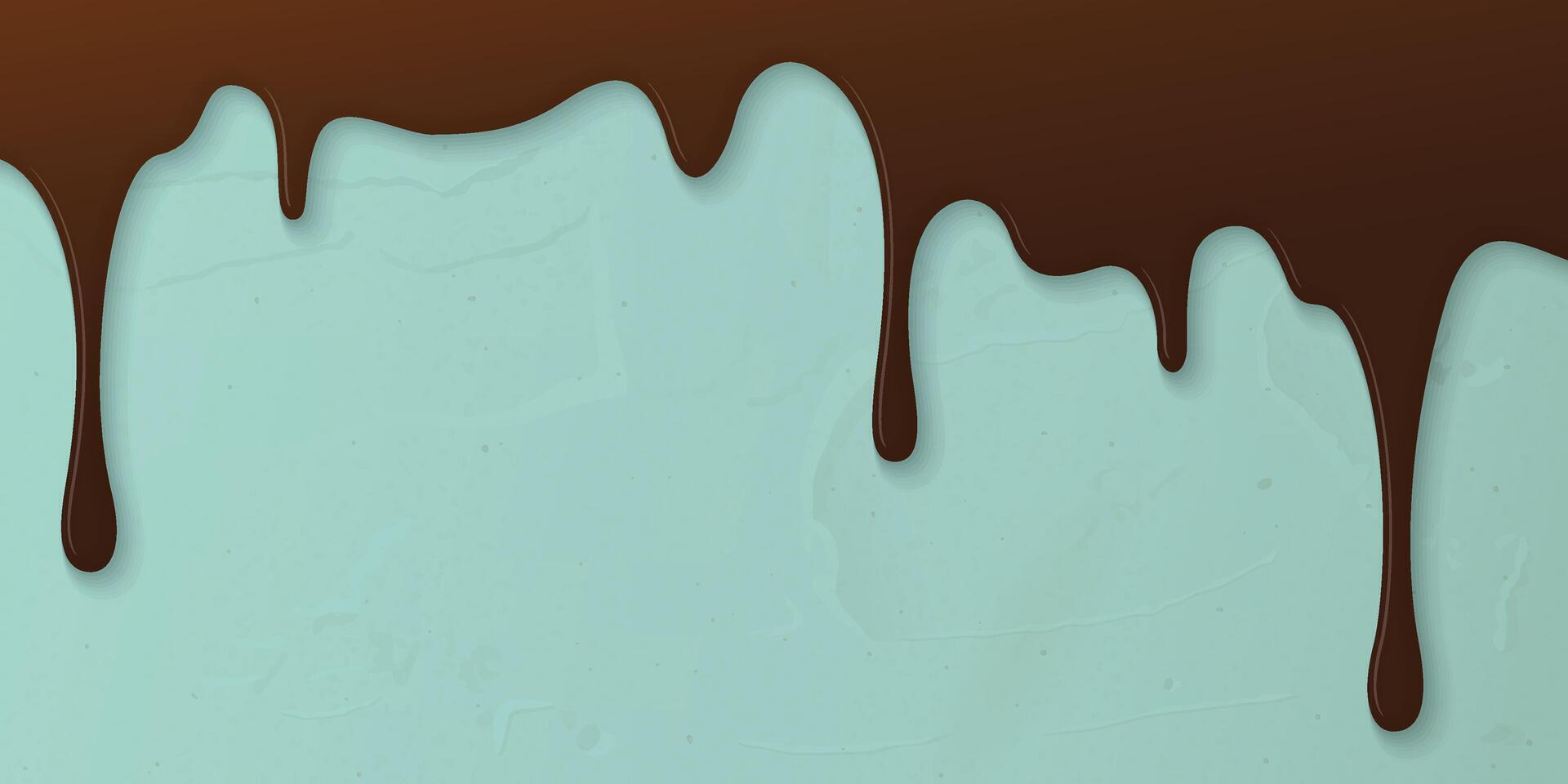 Melted chocolate flows onto green mint cream cake surface horizontal background graphic illustration have blank space. vector