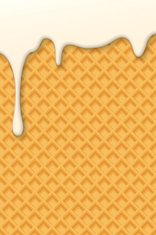Melted vanilla ice cream drop onto wafer 3D pattern yellow brown colors vertical background graphic illustration. vector
