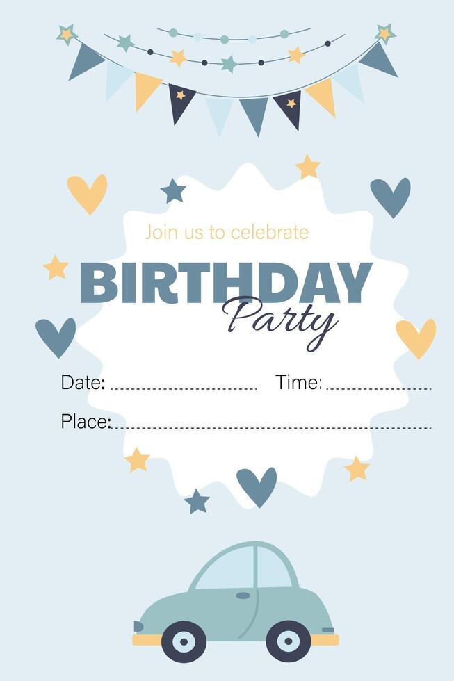 Cute invitation to a festive birthday party with a little car and hearts vector