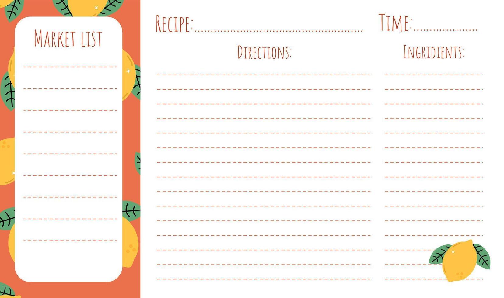 A page template for recipe entries and grocery list. Pattern with lemonsA page template for recipe entries and grocery list. Pattern with lemons vector