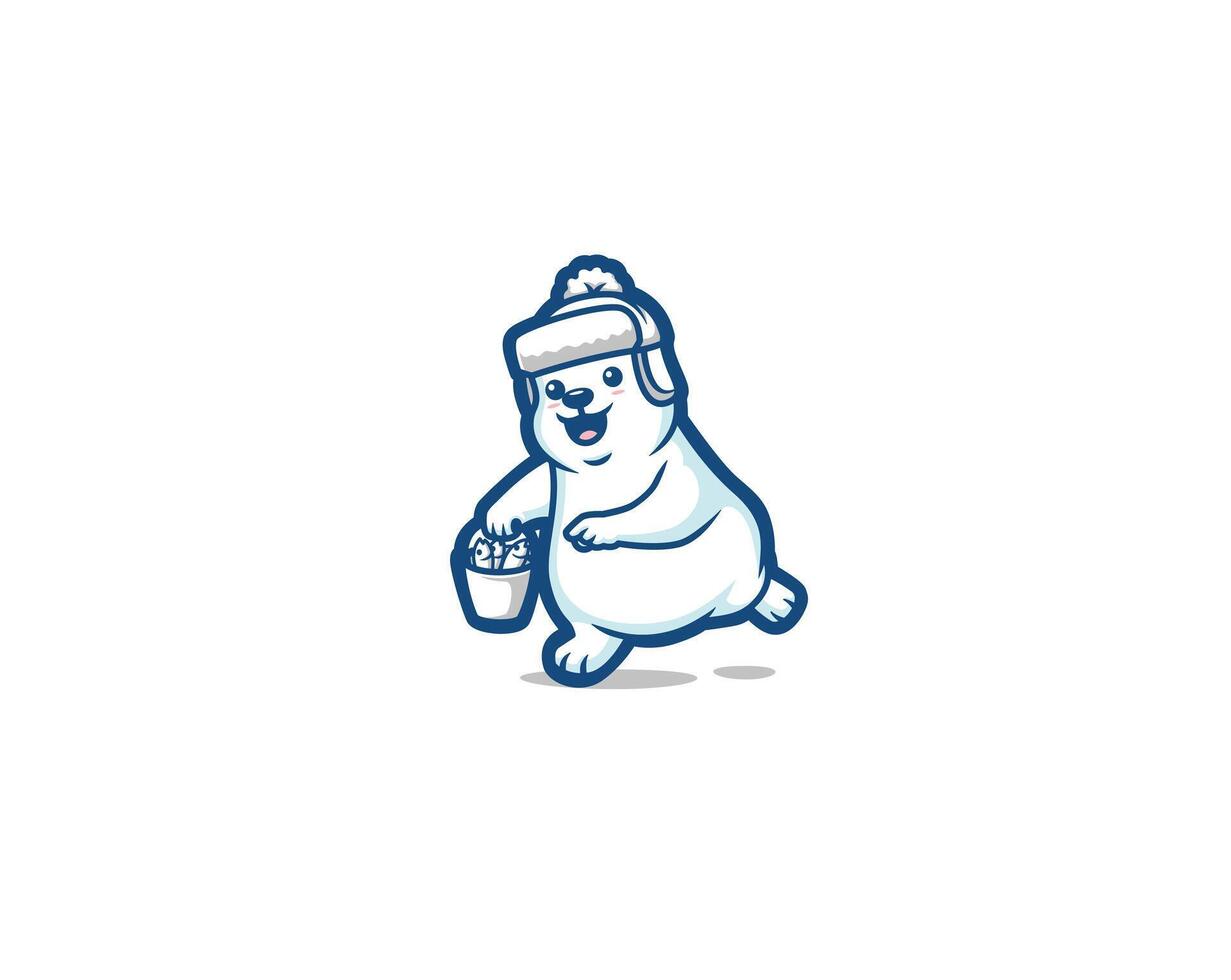Polar bear carrying fish in a bucket logo vector