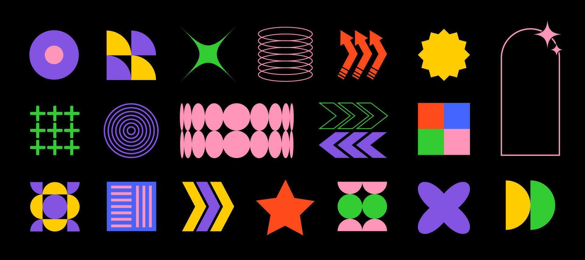 Colorful Y2K brutalism shapes. Geometric shapes a set of colorful geometric shapes on a black background vector
