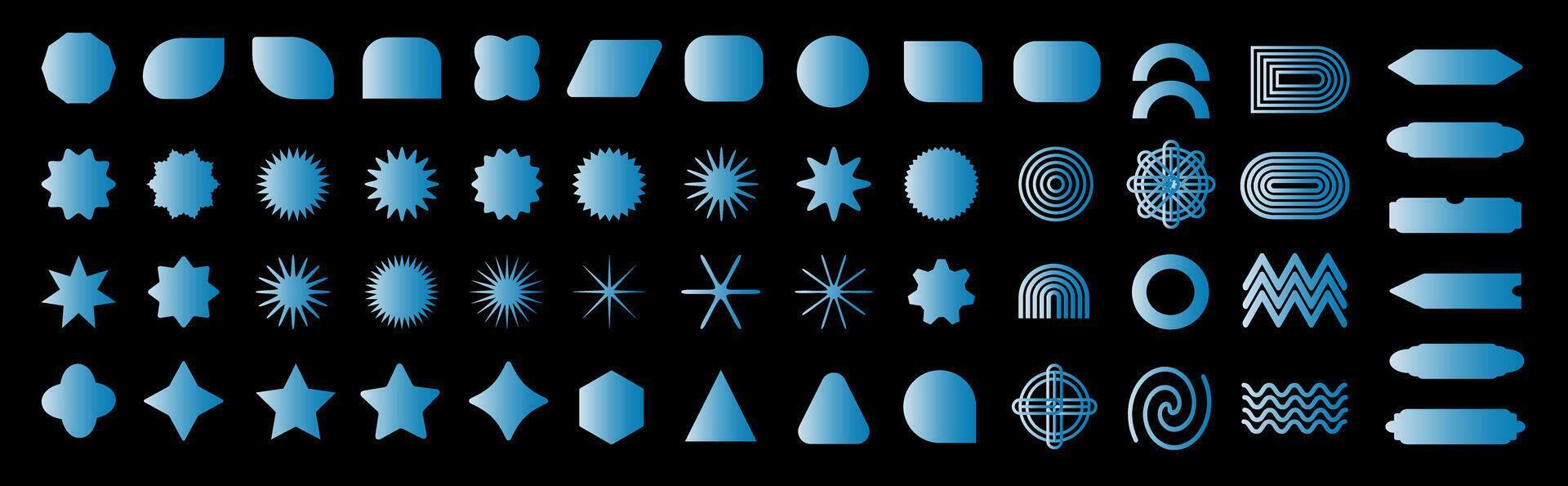Bright illuminated futuristic form abstract designs and shapes, icons. Swiss design aesthetic. a set of different shapes and patterns on a black background vector