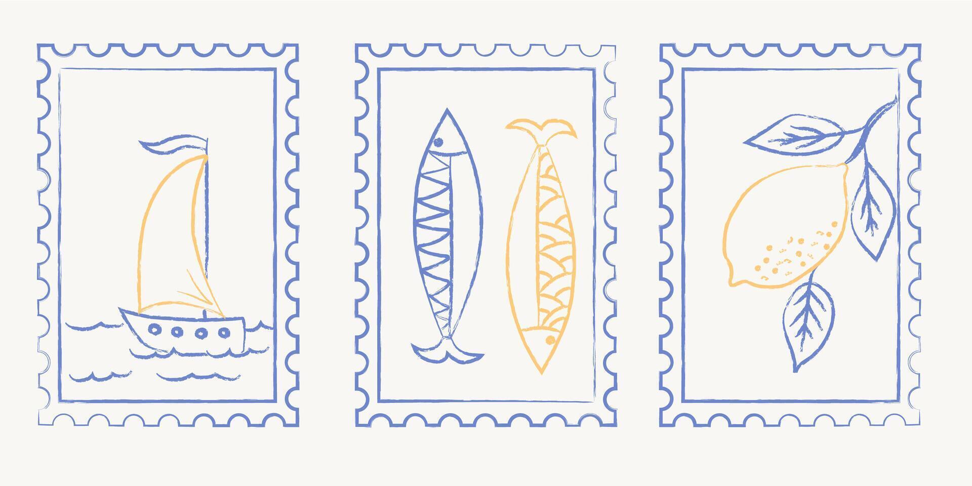 Sen of Summer postal stamps with sailor boat, sardines and lemon vector