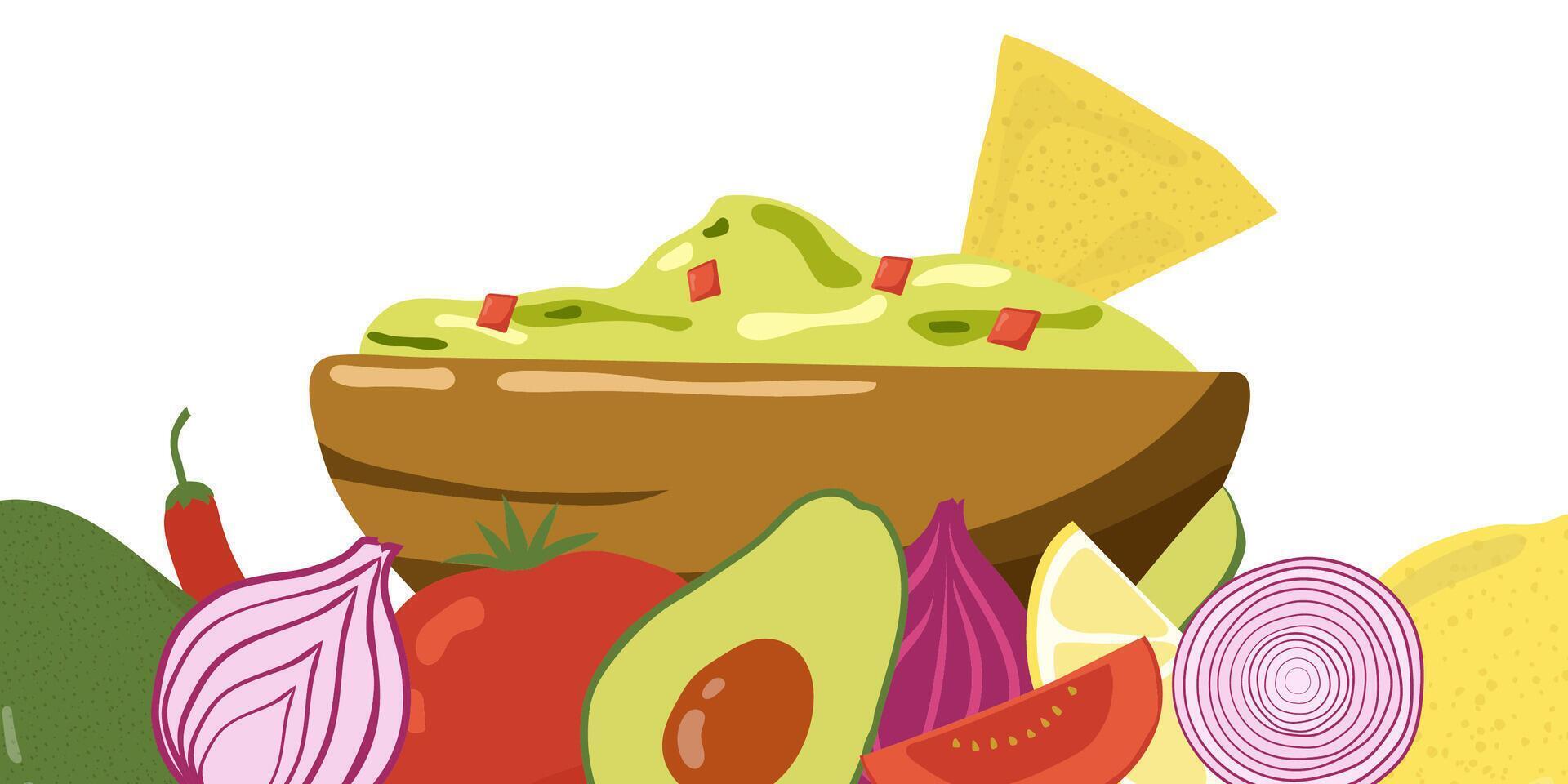 Guacamole sauce in the bowl with all ingredients. Healthy organic food concept with vegetables. Hand drawn illustration vector