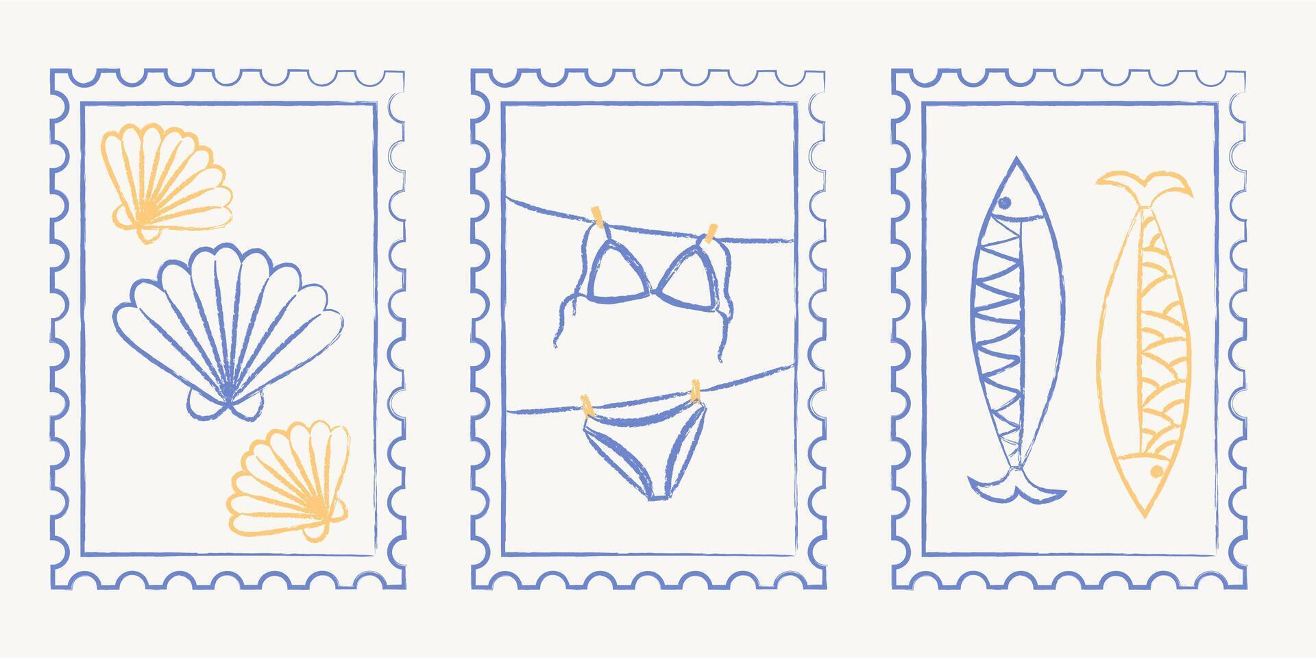 Set of Summer postal stamps with seashells, swimwear and sardines vector