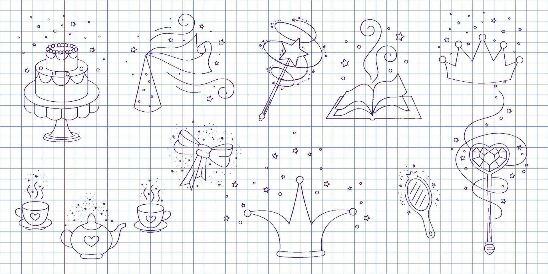 Magic wands and elements doodle set. Fairytale element in sketch style. Hand drawn illustration isolated on white background vector