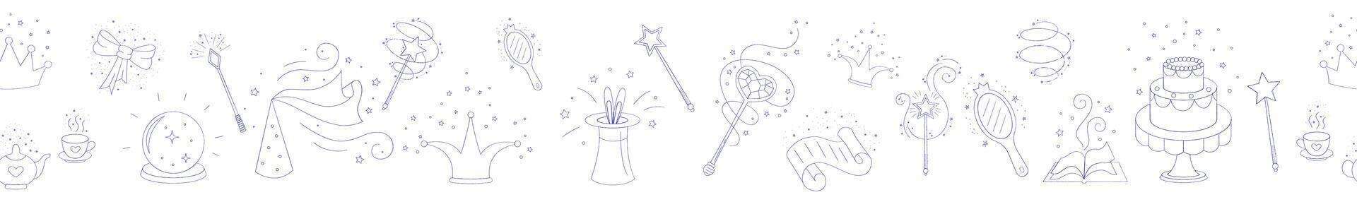 Magic wands and elements doodle seamless border. Fairytale element in sketch style. Hand drawn illustration isolated on white background vector