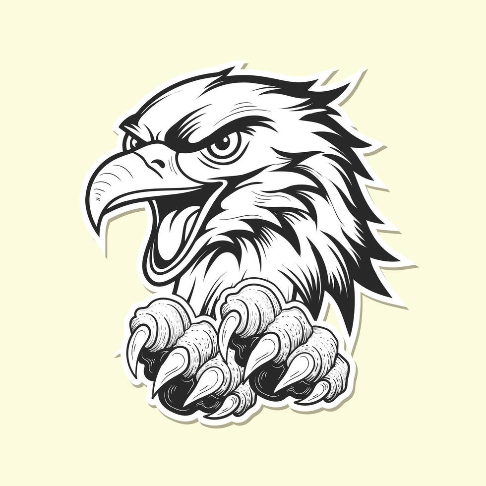 Angry eagle side view head with paw black and white design. vector