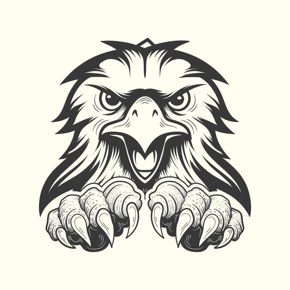 Angry eagle head with paw vintage black and white design. vector