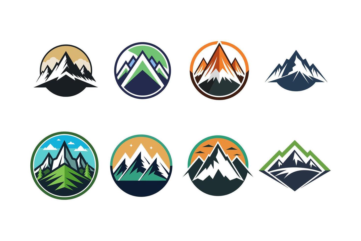 Collection of Modern and Abstract Mountain Logos and Illustrations in Various Styles and Colors for Design Projects vector
