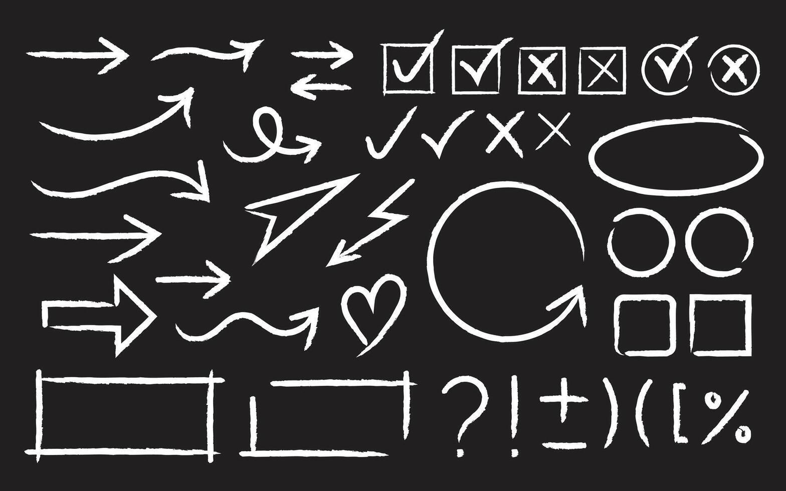 Hand drawn arrows with various twists and turns, Set of Arrow Grunge Routes line trace on black background. vector