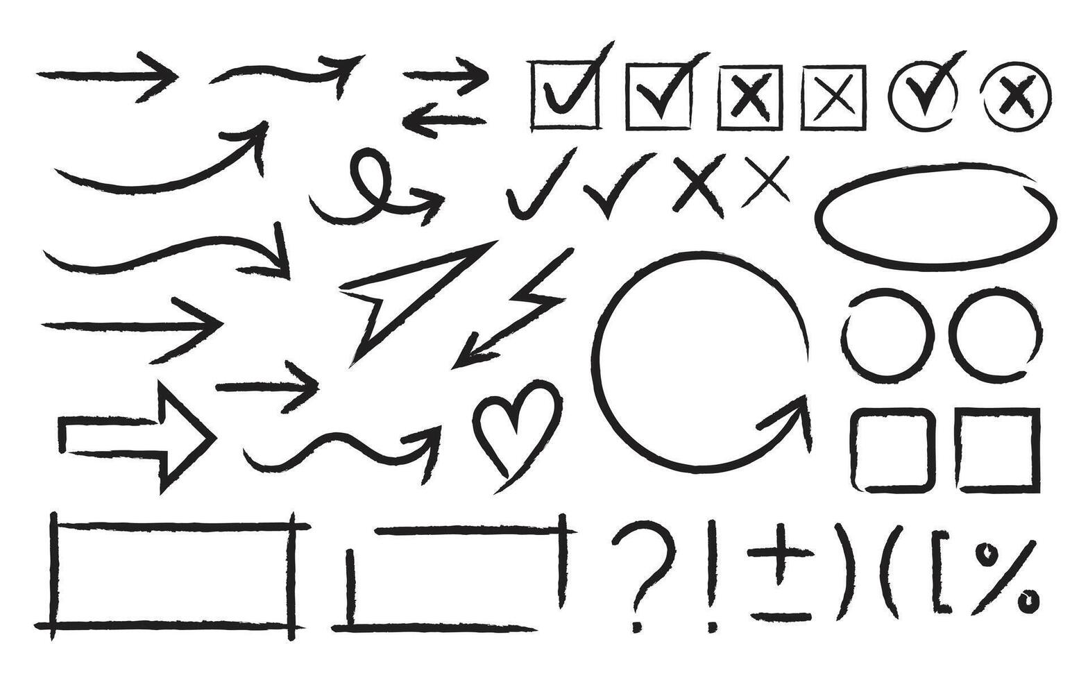 Hand drawn arrows with various twists and turns, Set of Arrow Grunge Routes line trace on white background. vector