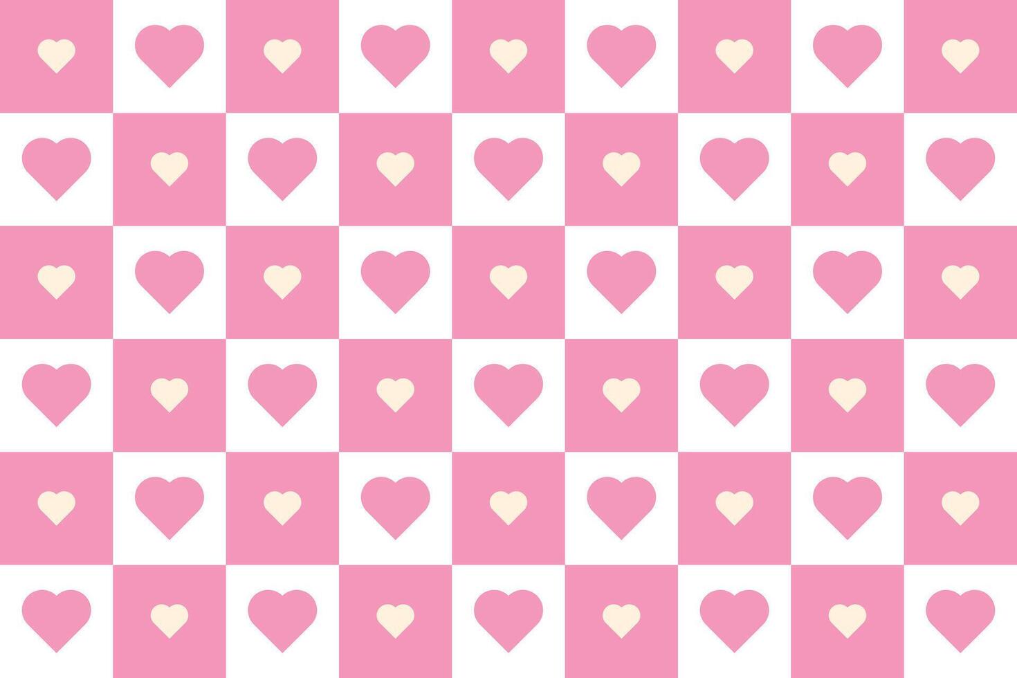 Charming retro groovy checkerboard pink, yellow and white checkerboard pattern with various heart shapes, perfect for Valentine's Day or romantic-themed designs. vector