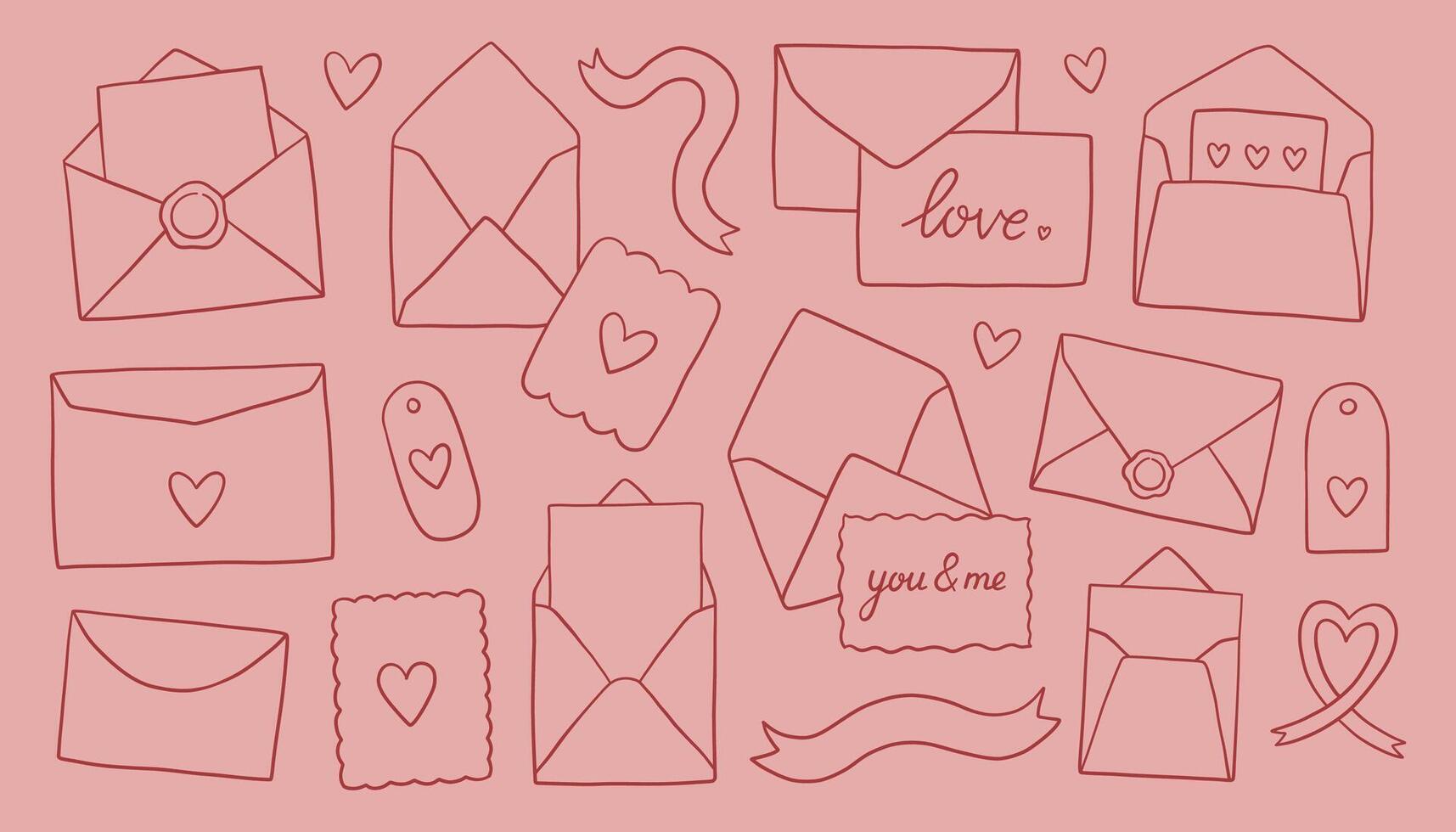 Whimsy envelope set. Collection of various envelope designs on a pink background. Outline in red color, different styles and sizes vector