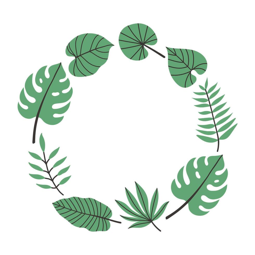 Simple tropical leaves circle frame on white background. Bright illustration for card, invitation card for wedding, birthday and other holiday vector
