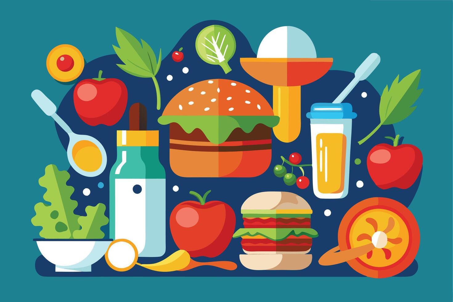 Colorful Flat Illustration of Healthy Foods and Drinks vector