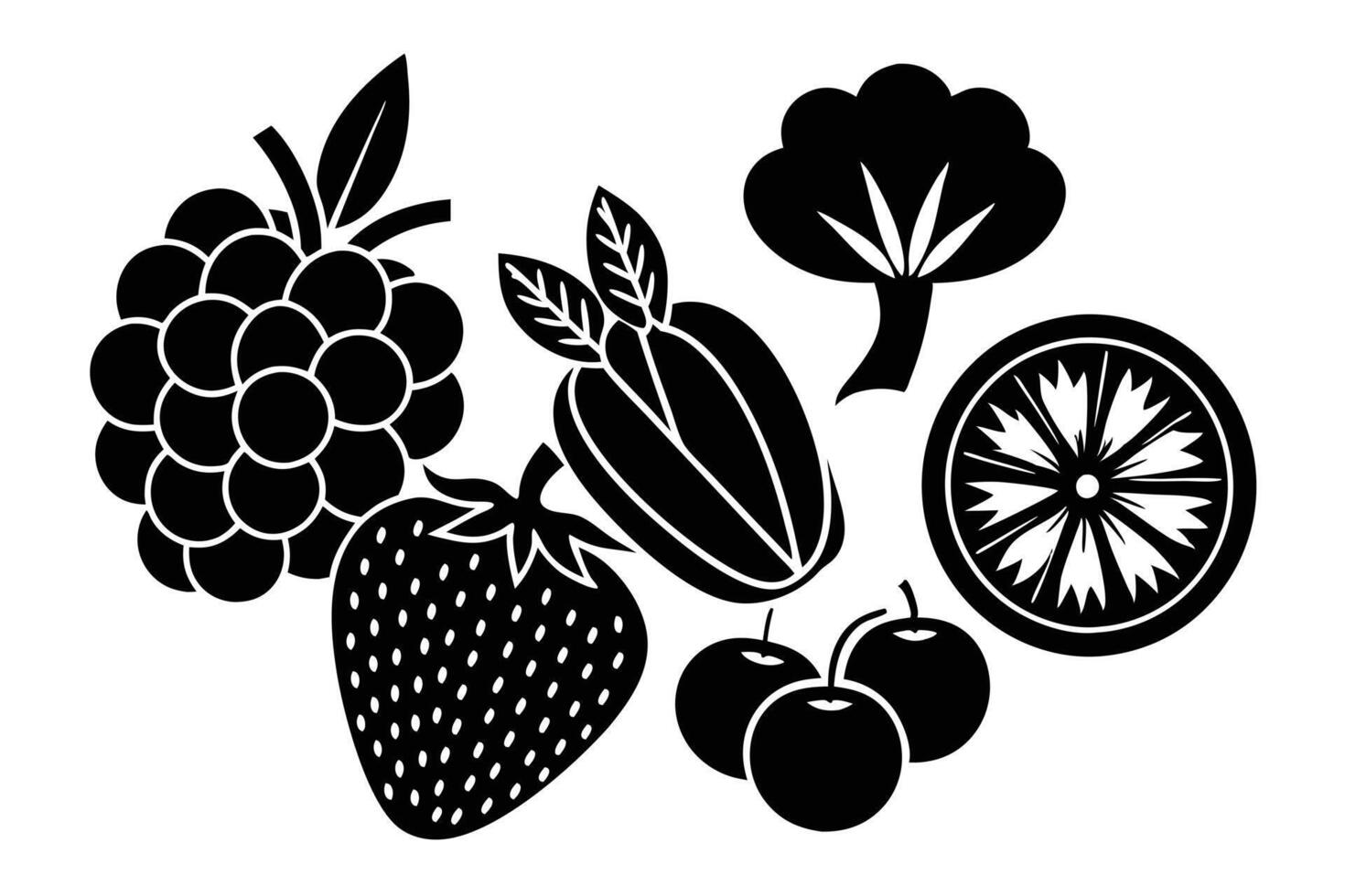Black and white silhouette illustration of various fruits and vegetables. vector