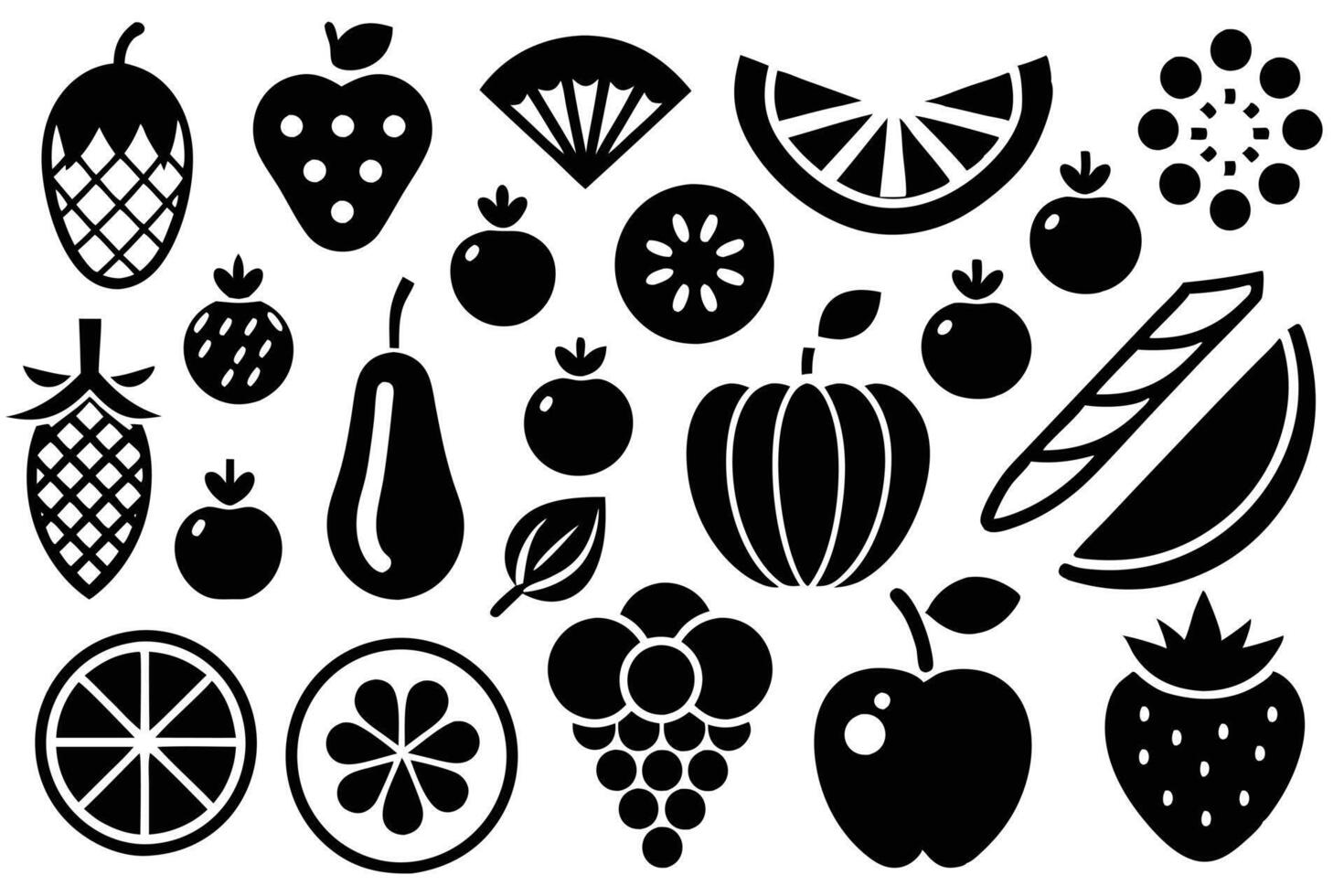 A Black and white silhouette illustration of various fruits and vegetables. vector