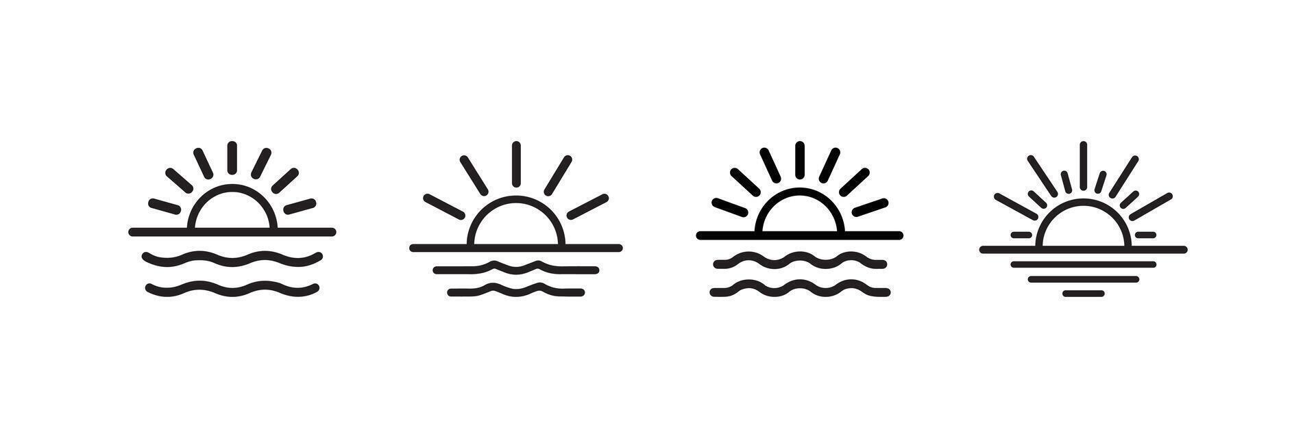 Minimalist Sunset and Sunrise Line Icons Set Over Water Illustration vector