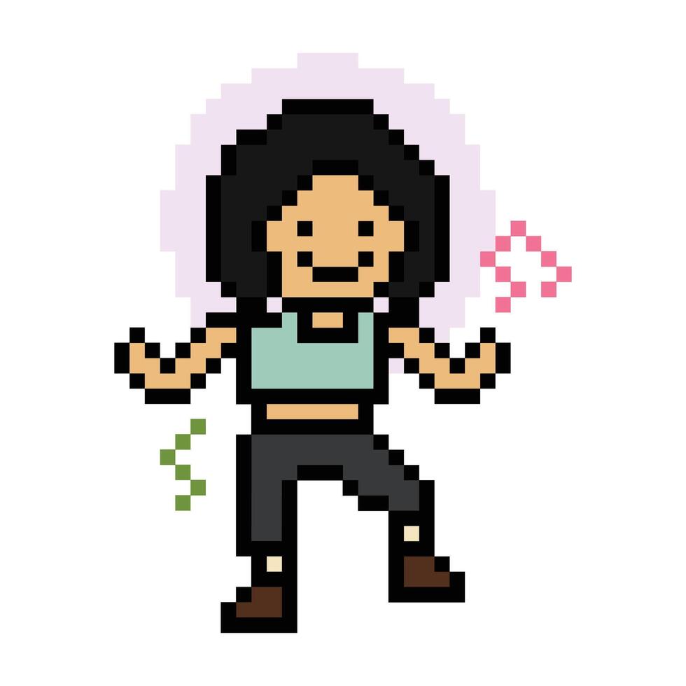 Cute pixel art woman female lady happy dance exercise aerobic 8 bit. vector