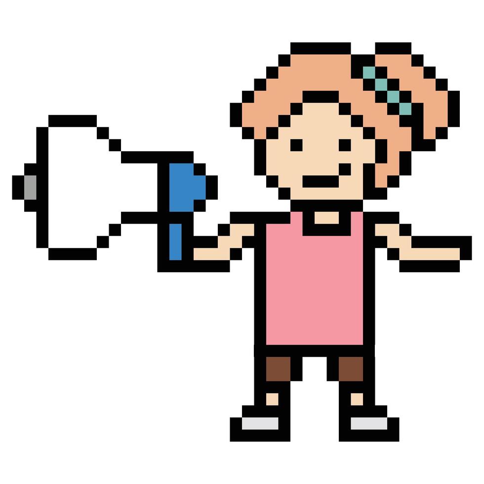 Character of woman female girl and megaphone declare announce publish. vector
