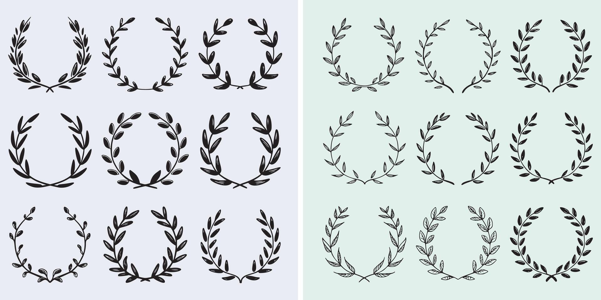 A collection of elegant, hand-drawn laurel wreaths in a minimalist black and white vector