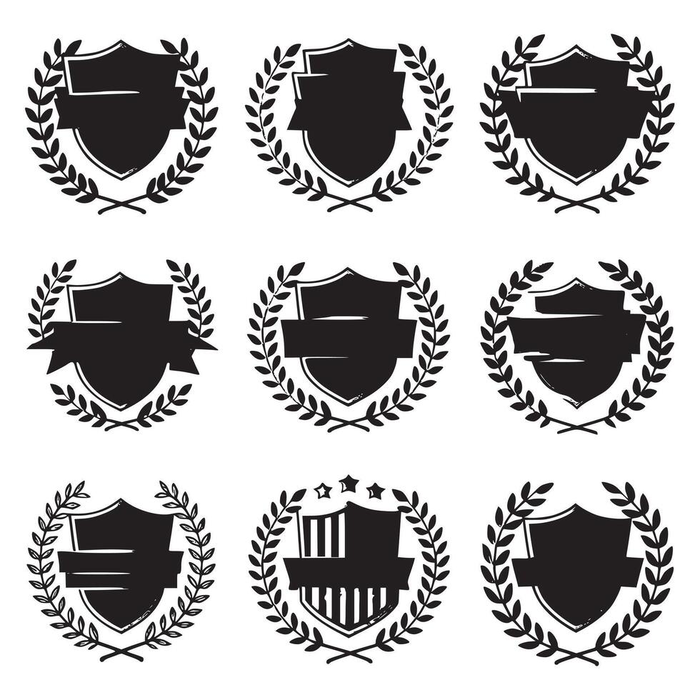 Set of black shield and laurel award. vector