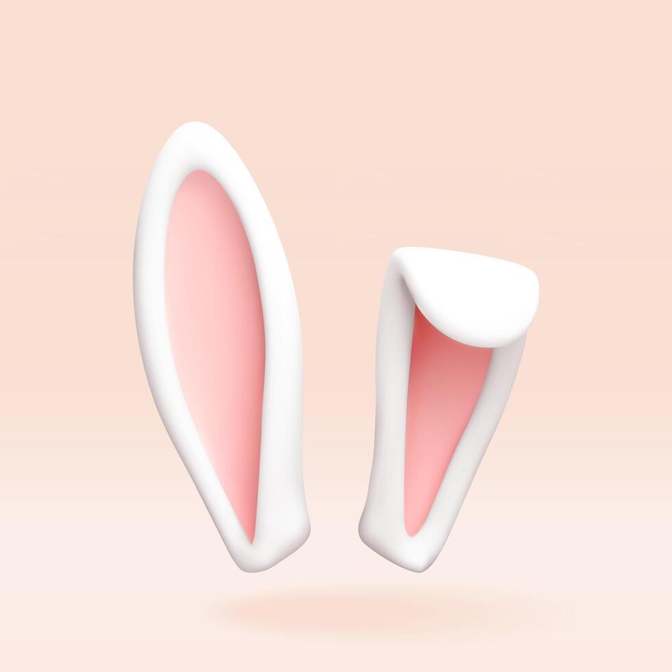 3D rabbit easter ears isolated on pink. Render bunny white ear with pink inner part. Easter holiday decor element vector