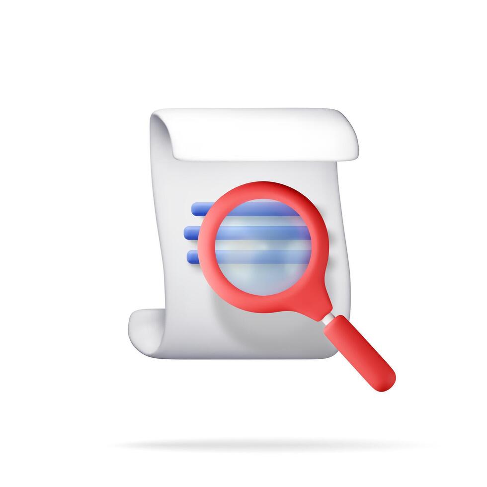 3D Document with magnifying glass isolated. Render document search concept. Business and file management for research report and review, data and analysis. vector
