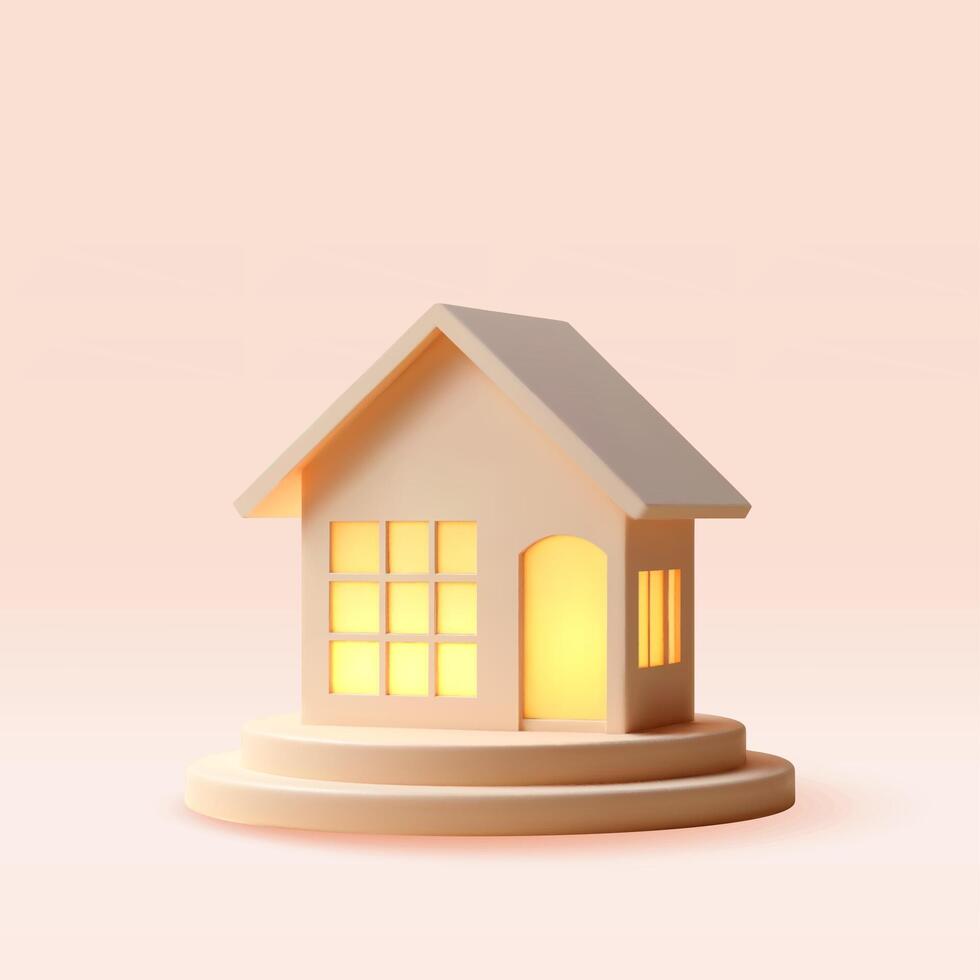 3D house on podium with illuminated windows isolated. Render toy building, sweet home, simple architecture icon. Property symbol, insurance and mortgage concept vector