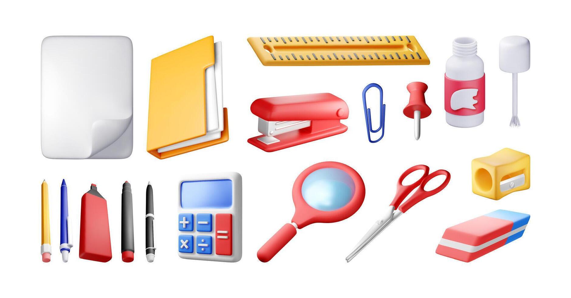 3D stationery set icons isolated. Render collection of office supply. Papers, ruler, folder, pencil, pen, calculator, scissors. Office supply, school and education vector