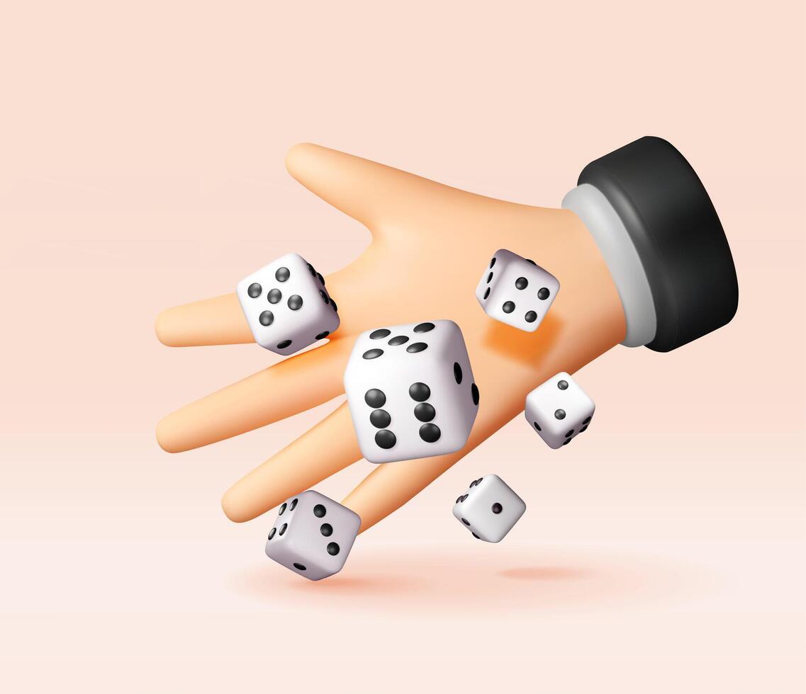 3D Hand throwing dice isolated. Render playing cubes icon. Game creating chance and risks showing concept of luck and fortune used in gambling or family game vector