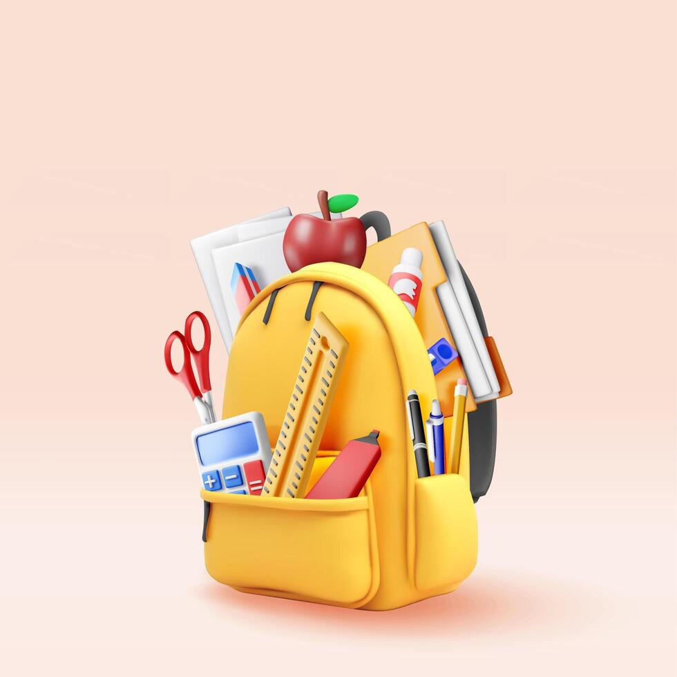 3D School backpack full of stationery items isolated. Render back to school concept. School supplies in backpack. Apple, calculator, pen pencil ruler. vector